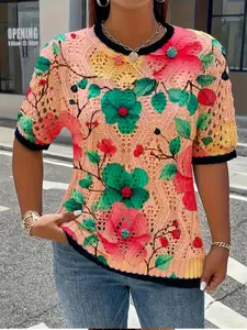 Women's Floral Print Round Neck Short Sleeve Sweater, Hollow Out Knitted Top, Casual Comfortable Breathable, All Seasons Wear Knitwear, Flower Pullover
