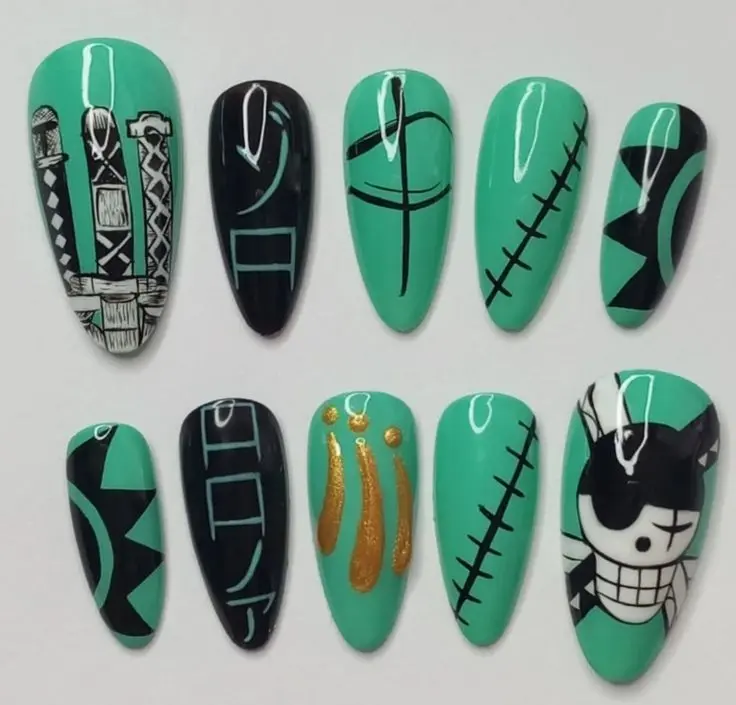 Anime Style Press On Nails Handmade Mint Green Black Sword Reusable Nail Set |Free Adhesive Tabs, Nail File & Cuticle Stick Gelly Tips