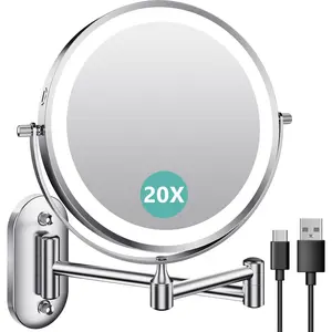 Wall Mounted Makeup Mirror 1X/20X with Light, 8" Double-Sided Magnifying Mirror, 3 Color Lights Touch Dimmable Vanity Mirror, 360° Extension Rotation Decor