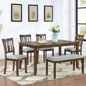 6-Piece Walnut/Grey Dining Set ‌ ‌ 58.5" Rectangular Table + 4 Chairs + Bench ‌ ‌ Solid Wood Frame |   Water-Resistant MDF Top ‌ ‌ Modern Minimalist Design |   6-Seat Capacity