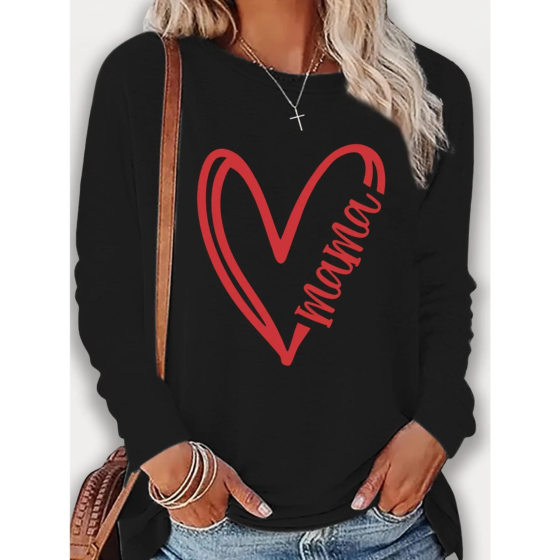 2026 new Valentine's Day Heart Pattern Printed T-shirt, Long Sleeve Round Neck Casual Top, Spring and Autumn Women's Clothing outdoorfun