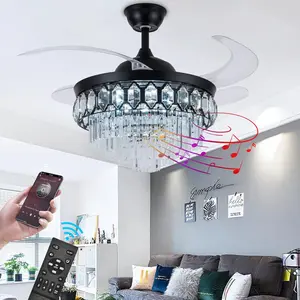 Crystal Ceiling Fan with Lights Smart Bluetooth Music Player,42 Inch LED Reverse Dimmable Remote Control Retractable Invisible Blades Indoor Ceiling Fan for Living Room Polished Chrome