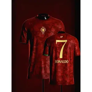 Ronaldo #7 Portugal National Team Red GOAT Print Soccer Home Jersey Portuguese Cultural Pattern Gold Number Breathable Quick Dry Short Sleeve for Ronaldo Fans, Portugal Supporters, Football Collectors & Streetwear Enthusiasts