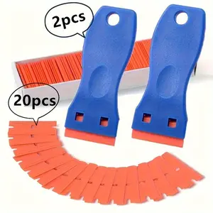 Plastic Razor Blade Scraper with 20pcs Blades, 2 Counts Adhesive Remover for Stickers, Scrapbook Tools, Office Cutting Supplies