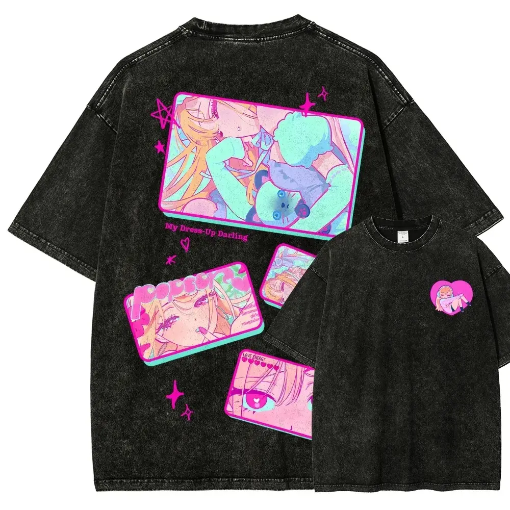 Men's Distressed Look Acid-Washed My Dress-Up Darling Marin Kitagawa Round Neck Short Sleeve T-Shirt - Unisex Menswear Casual Graphic Top, Anime Merch Street Style Drip All Seasons Gift (9), Whimsical Figure Ripped Top