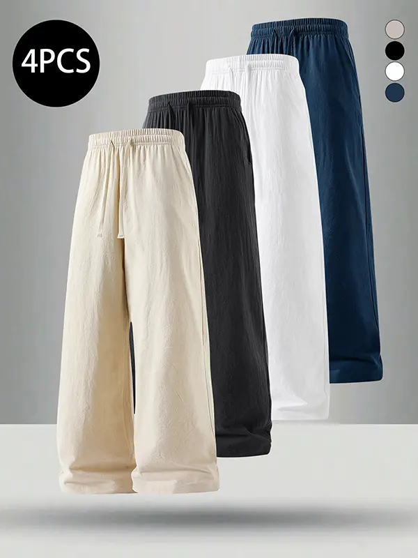 4-Pack Men’s Summer Linen Cotton Straight-Leg Pants – Casual Loose Fit, Versatile Trendy Long Pants for Men