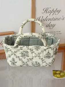 2026 vintage green basket bag, handbag, beautiful floral print handbag with plaid lining, cute storage basket, suitable for women, home and travel use