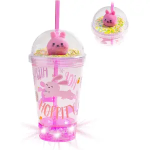Easter Light-Up Dome Cup Pink Rabbit Reusable LED Party Drinkware with Glitter Dome Lid