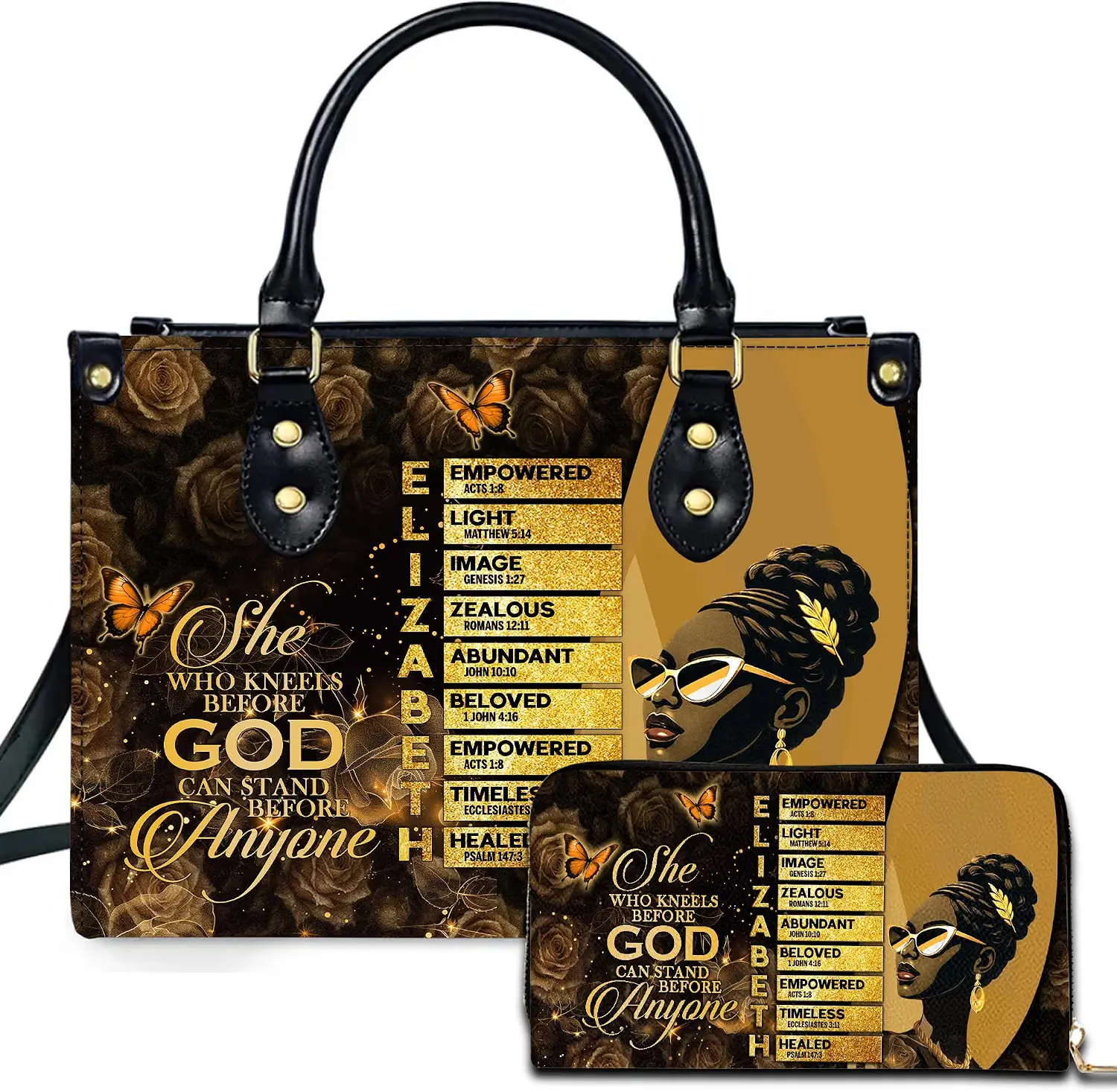 Personalized African American Leather Bag, African Purse, Gifts for Black Girl Women, Black History Handbags, Christian Faith Handbag, She Who Kneels Before God Purse, Custom Name Tote Bag for Mom Sister Daughter Wife