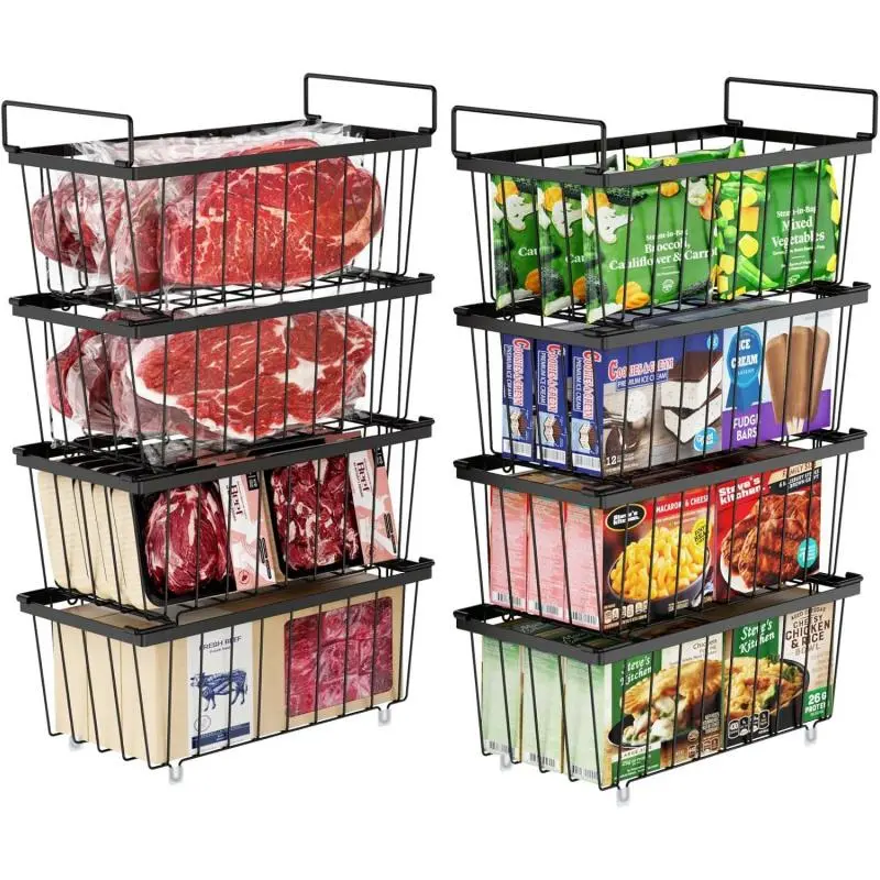 Chest Freezer Basket - 8 Pack Small Stackable Freezer Bins for Most 7 Cu.FT Deep Freezer Sort Frozen Food, Deep Freezer Organizer Bins with Handles Easy to Get Food from Bottom, Black, Stackable Fridge Organizer
