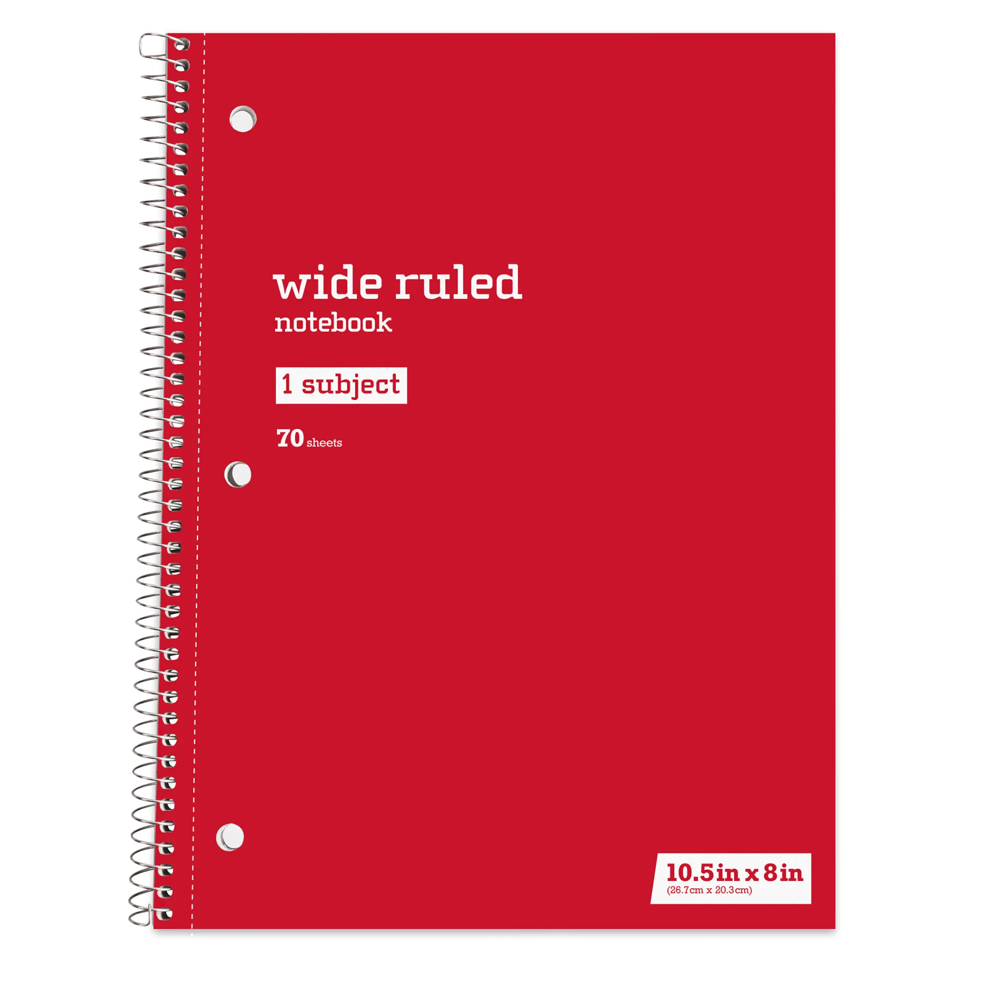 Just Basics® Spiral Notebook, 8" x 10-1/2", Wide Ruled, 70 Sheets, Red