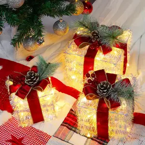 Set of 3 Christmas Lighted Gift Boxes Plug-in 60 Led Light Up Boxes Ornaments for Christmas Decorations Indoor Outdoor Home Yard Xmas Tree Holiday Party Lawn Porch (Tinsel)