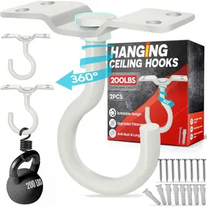 [UPGRADED] 2 count 200LBS Rotatable Ceiling Hooks with 4 Screw Points Base, Wall Mount Metal Hanger White Ceiling Hook for  , Bird Feeder, Lights, Bed Canopy, Wind Chime, Indoor Outdoor Decor