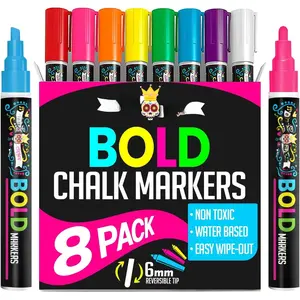 Liquid Chalk Markers for Blackboards - Bold Color Dry Erase Marker - Chalk Markers for Chalkboard Signs, Windows, Blackboard, Glass - 6mm Reversible Tip (8 Pack) - 24 Chalkboard Labels Included