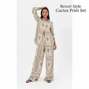 2026 European and American women's clothing, new spring models, casual printing long-sleeved shirt wide-leg pants fashion suit