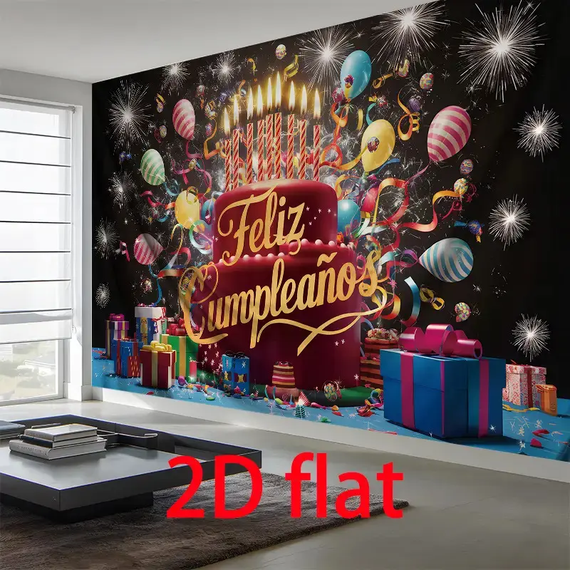 Happy Birthday Banner, Spanish Party Background, Polyester Backdrop with Balloons, Gifts, Glitter, Vibrant Home Decor, No Power Needed