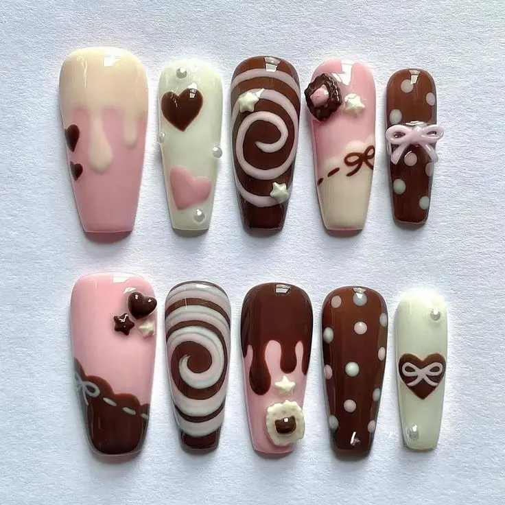 Neapolitan Ice Cream Press On Nails Handmade Pink White Brown 3D Bow Coffin Reusable Nail Set | Free Adhesive Tabs, Nail File & Cuticle Stick