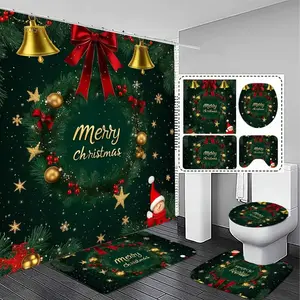 1/4pc Dark green shower curtain set with gold bells, red ribbon, snowflake, and holly berry pattern. Festive design, includes a non-slip mat, U-shaped rug, and toilet seat cover. Perfect for bathroom décor. Bathroom Decoration Accessories