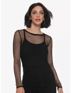 Black Fishnet Mesh Girls Long-Sleeve Top- No under shirt