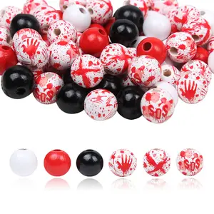 60Pcs Halloween Blood Print Palm Skull Wooden Beads Set Natural Solid Buffalo Plaid, Polished Colorful Spacer Beads For Diy Home & Party Decorations Christmas Gift