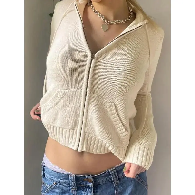 NewWomen's Solid Drawstring Full Zip Up Hooded Spring Crochet Cardigan, Drop Shoulder Kitting Fall Knitwear Sweater Tops, Cardigan for Women, Fashion Casual Solid Dual Pocket Fall Outerwear for New Style, Go Out Tops