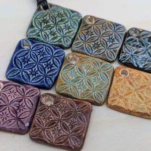 Handmade Ceramic Flower of Life Tile Pendant Y2K Style Boho Hippie Whimsical Choker Adjustable Black Corded Necklace Clay Charms Jewelry