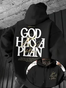 Men's "God Has A Plan" Jeremiah 29:11 Scripture Graphic Hoodie, Black Streetwear Oversized Religious Apparel, Modern Urban Aesthetic Casual Pullover for Daily Wear, Urban Outings, Faith-Based Fashion Enthusiasts & Inspirational Apparel Fans, Featuring Bol