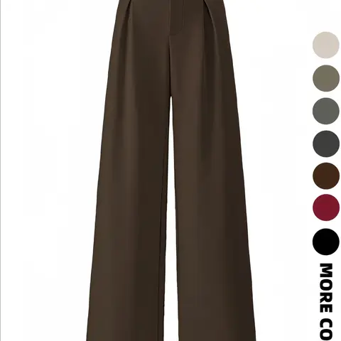 Women's Solid Color Plicated Pocket High Waist Wide Leg Minimalist Pants, Elegant Zipper Fly All Seasons Trousers for Work Office Business, Ladies Spring & Fall Clothes, Bottom, Basic, Womenswear, High Waistband Pants