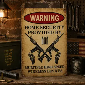 Funny 2D 8x12 Inch Metal Sign – "Home Security Provided By Multiple Wireless Devices" | Vintage Wall Art for Home, Garden, Garage & Man Cave
