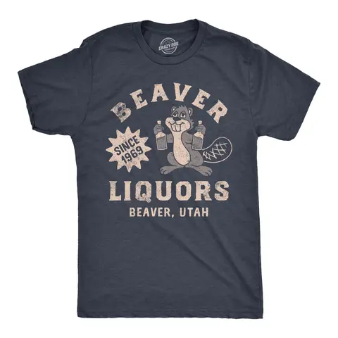 Mens Beaver Liquors T Shirt Funny Booze Bottle Drinking Joke Tee for Guys Mens Funny T Shirts Cool Vintage Graphic Tees Drinking Shirts for Men Funny Animal Short Sleeve Novelty Tees for Guys Navy -