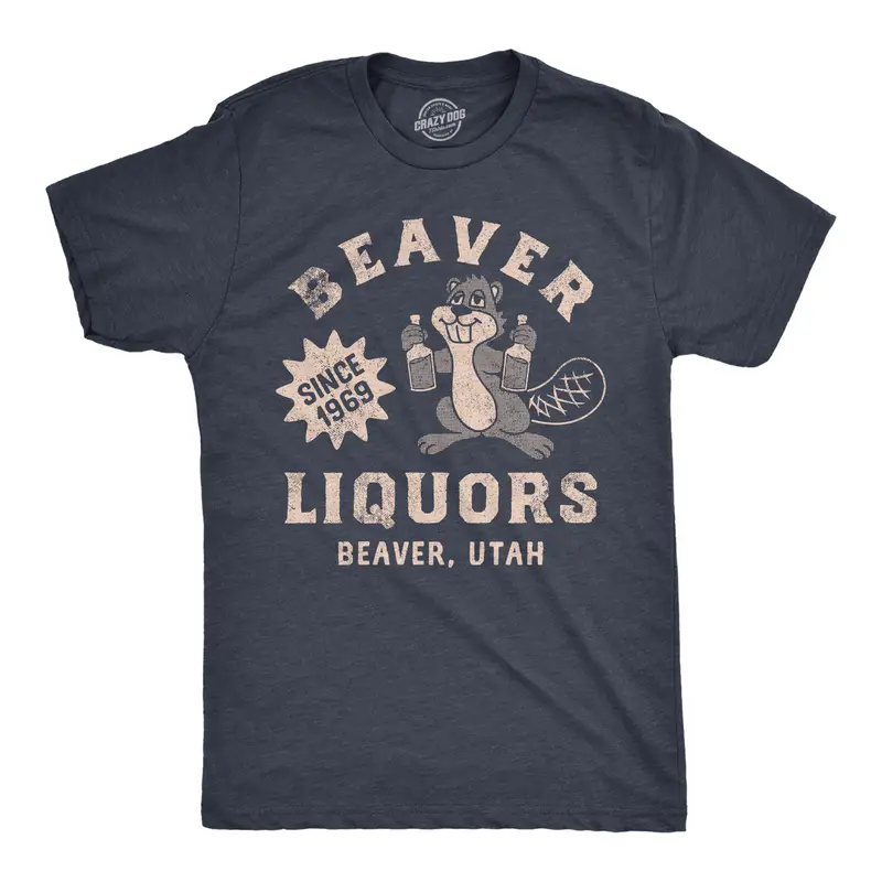 Mens Beaver Liquors T Shirt Funny Booze Bottle Drinking Joke Tee for Guys Mens Funny T Shirts Cool Vintage Graphic Tees Drinking Shirts for Men Funny Animal Short Sleeve Novelty Tees for Guys Navy -
