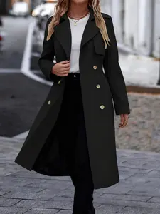 A black double-breasted long coat for ladies, suitable for commuting, outings and parties, with an elegant dress code, Chic, Jackets, Outerwear, Womenswear