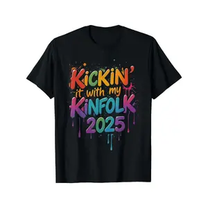 Kickin It with My Kinfolk 2025 Family Reunion T-Shirt - Black with Neon Glow-in-the-Dark Print, Casual Round Neck Tee for Adults, Machine Washable Group Matching Outfits, Vibrant Colors for Night Events & Family  double print  cadena   Vintage Metalcore