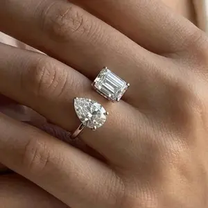 Trending Toi et Moi Open Ring | Pear & Emerald Cut Sparkly Statement Ring | Adjustable Dainty Ring for Women