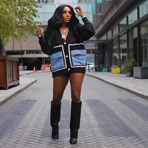 Women's Patchwork Button Front Sweater Cardigan, Casual Deep V Neck Long Sleeve Pocket Cardigan, Ladies Spring & Fall Knitwear, Cardigans for Women