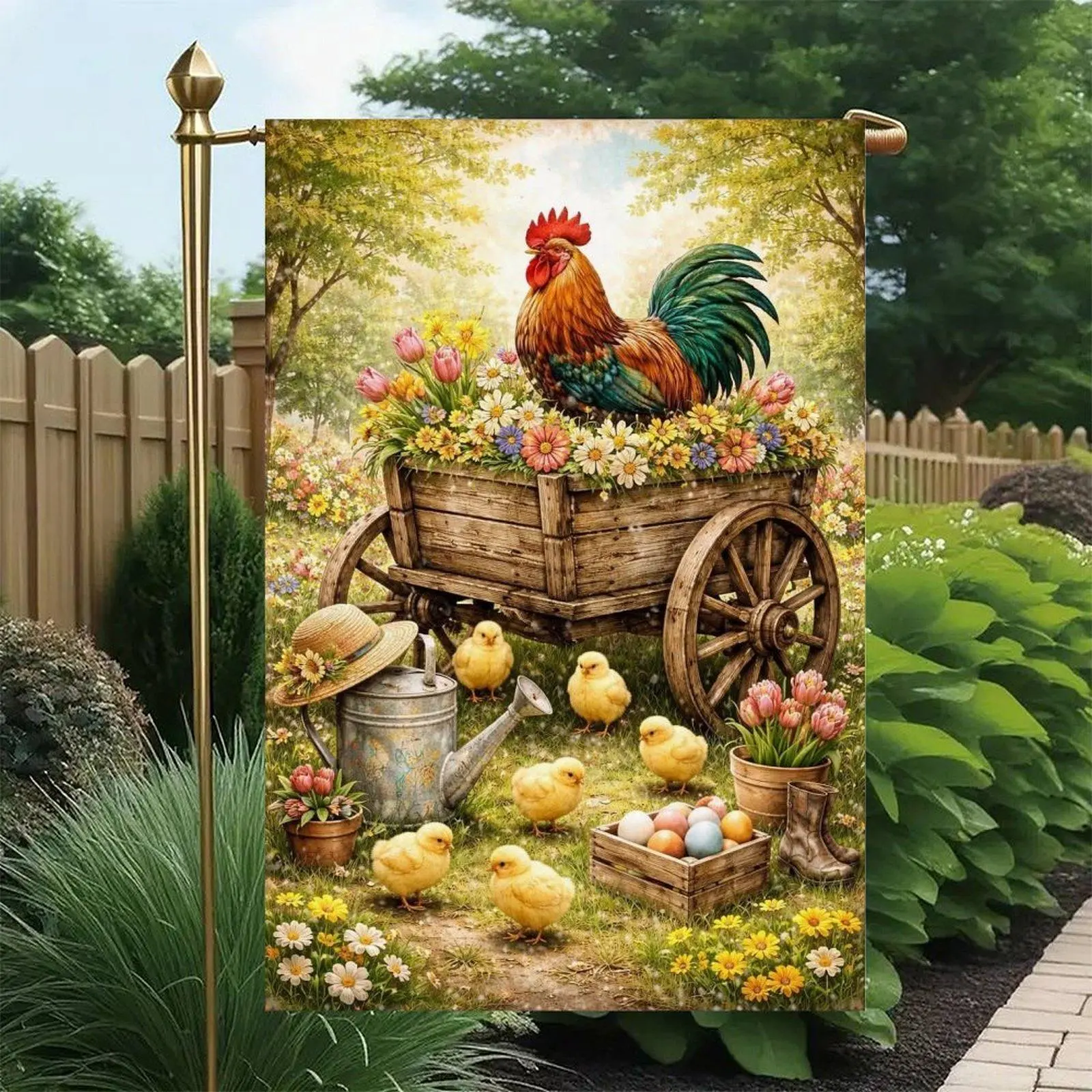 Vintage Wooden Cart Rooster Chicks Tulip Daisy Egg Watering Can Farm Spring Garden Flag Double-Sided 12x18in, Country Barnyard Floral Outdoor Yard Decor Banner