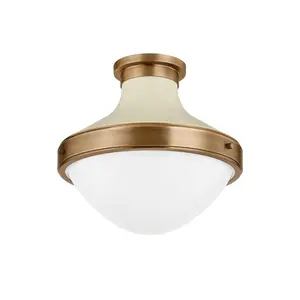 Maxton 1-Light Flush Mount Ceiling Light with Patina Brass and Soft Sand Shade, Opal Glass Diffuser