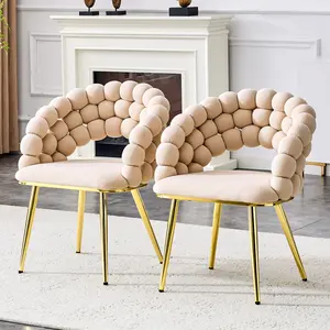 Velvet Dining Chair Set of 2 Puffy Bubble Chair Ball Chain Chair with Gold Legs, Modern Upholstered Accent Chairs for Dining Room & Kitchen