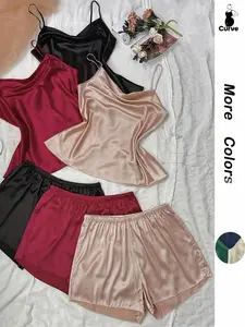 【Plus Size】 6 Pieces Solid Smooth Satin Loungewear Set, Regular Fit Casual Elegance Draped Spaghetti Cami Top & Elastic Waist Shorts, Women's Homewear Sleepwear Pajamas , Summer Lounge Womenswear Pajama, Pajama Sets Women