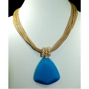 Tan Cord w/ Aqua Acrylic Necklace