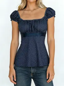 Women's Colorblock Polka Dot Bow Bubble Sleeve Short Sleeve Square Neck Doll Top, Summer Vintage Casual Fashion for Daily Wear