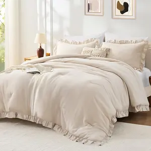 Queen Comforter Set Beige 3 Pieces, Ruffle Queen Bed Set, Lightweight Soft Bed in a Bag Queen for All, Farmhouse Bedding Comforter Sets(1 Comforter & 2 Pillowshams)
