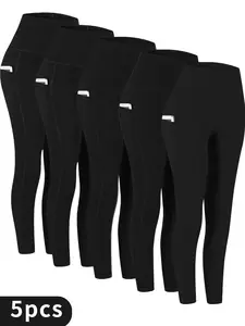 High-Waist Yoga Leggings 5-Pack Tummy Control Full-Length Solid Color Sports Pants with Pockets for Women Indoor Training Trousers