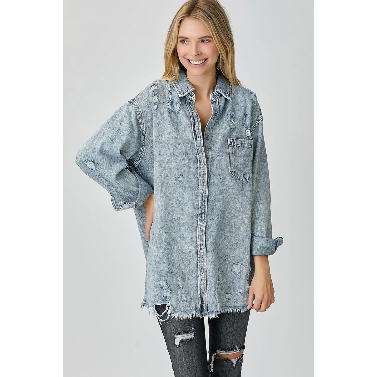RISEN Distressed Raw Hem Denim Shirt Casual Cotton