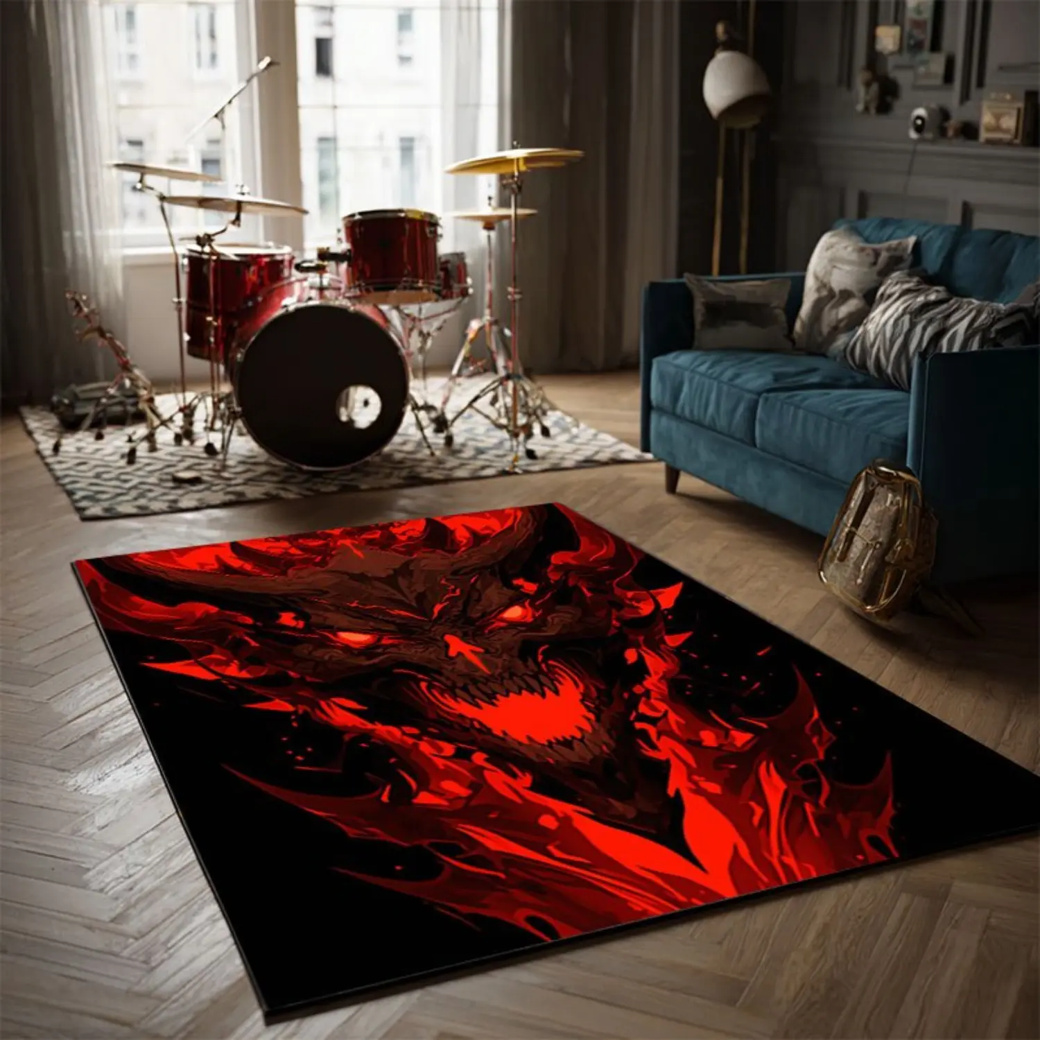 Dark Gothic Watercolour Red Fire Demon Skull Patterned Statement Area Rug - Multi-Size Soft Diatomite Absorbent Indoor Rug, Bold Graphics on Black Background, for Gothic Decor Lovers, Game Room Fit, Music Spaces (31.5×70.9in, 47.2×78.7in)