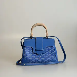 Pre-owned Goyard Coated Canvas & Calfskin Crossbody Bag Saigon Mini Blue Goyardine with Wood Handle 50901110