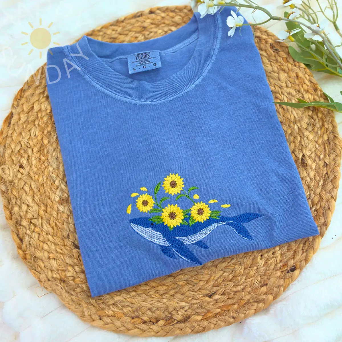 Whale Sunflower Embroidered Summer Shirt, Coastal Comfort Colors Tee, Ocean Animal Aesthetic Shirt, Minimal Embroidery Tee