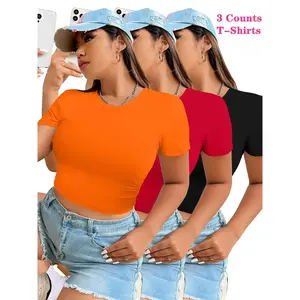 (New)Women's Solid Round Neck Crop Tee, Casual Short Sleeve Crew Neck T-shirt for Daily Wear, Ladies Clothes for All Seasons