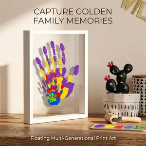 Family Handprint Art Frame, Floating Multi-Generational Handprint Kit, DIY Keepsake Photo Frame for Baby, Kids & Family Memories, Perfect for Baby Shower, Birthday & Holiday Gifts, White Wood Display Frame