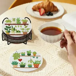8 Piece Plant Theme Diamond Painting Coasters, 5D DIY Kit with Stand, Non-Slip Cork Base, Home Decor, Beginner Friendly